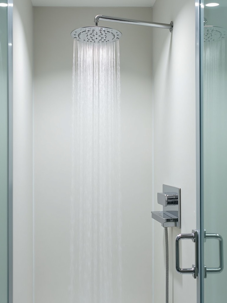 A chrome rain showerhead in a modern shower