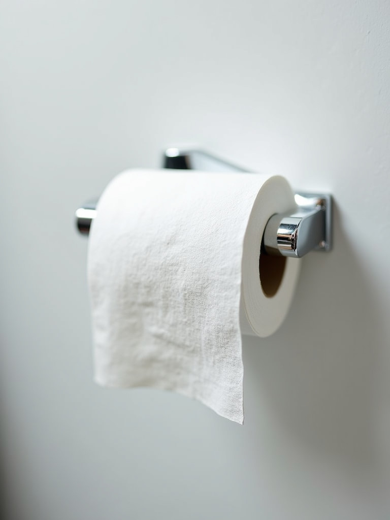 A modern wall-mounted chrome toilet paper holder installed in a bathroom.