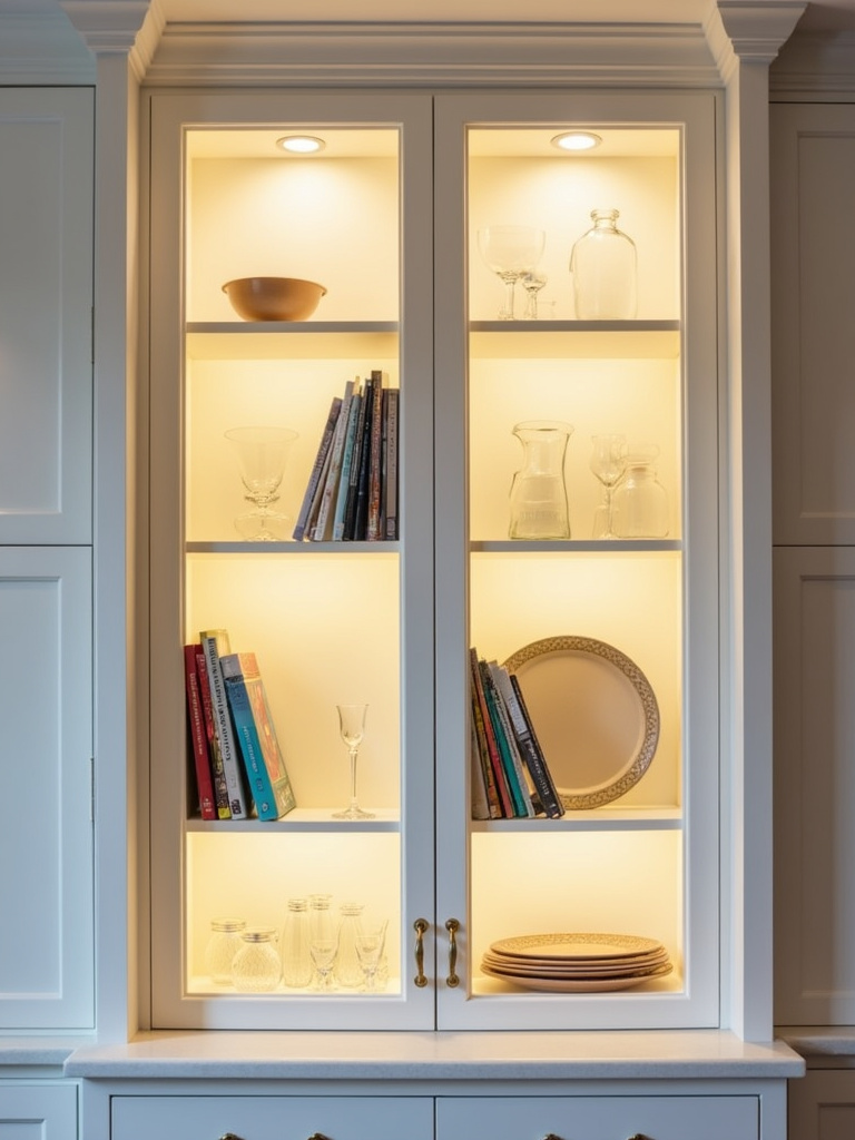Modern kitchen with integrated LED lighting within the shelving display.