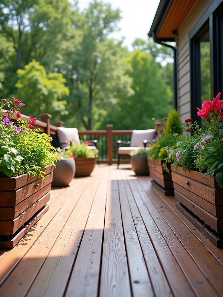 A wooden deck with built-in planters filled with green plants and colorful flowers, creating a lush environment.
