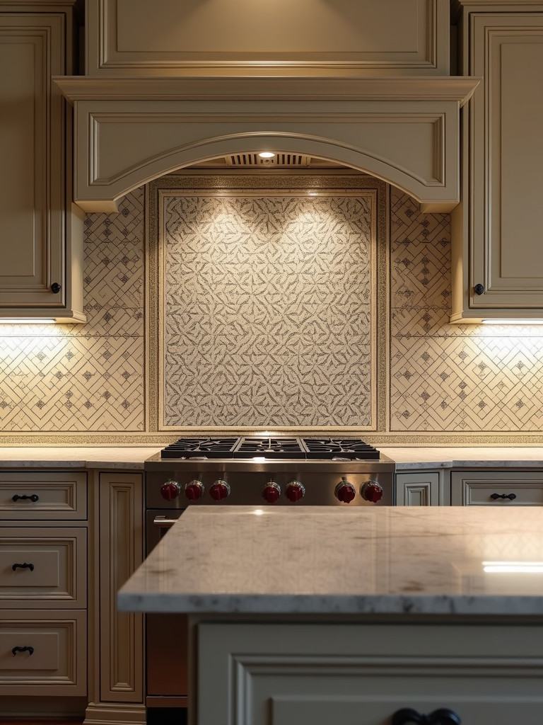 A traditional kitchen featuring a backsplash with intricate geometric patterns made of mosaic tiles