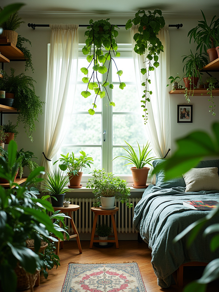 A bedroom with lush greenery and various plants.