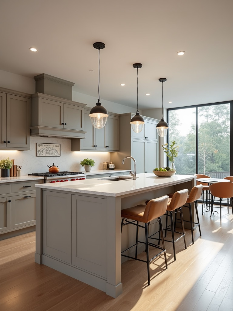 A modern kitchen featuring striking pendant lights