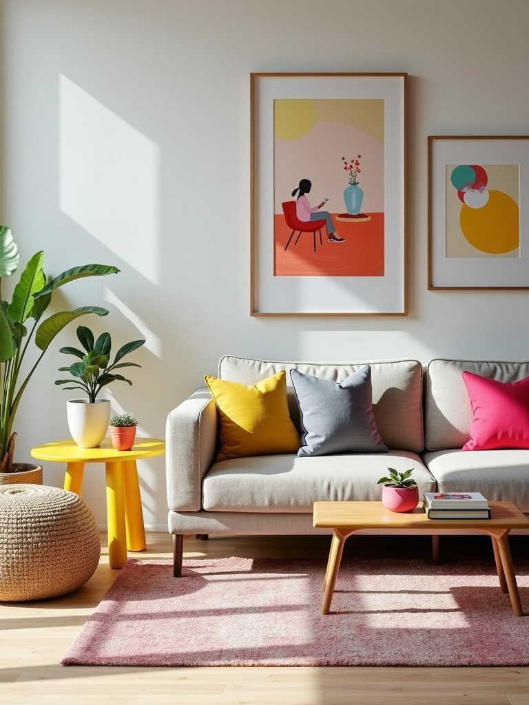 A living room with a neutral color scheme and vibrant pops of color