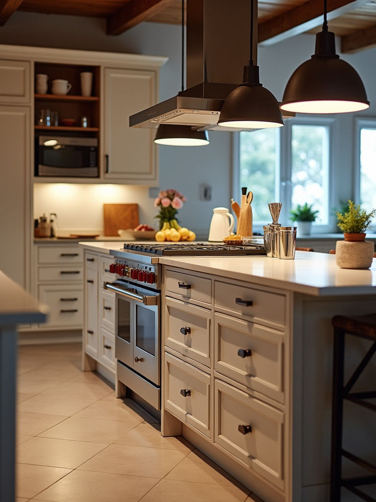 A kitchen island featuring cabinets with multiple drawers displaying kitchen tools and items.