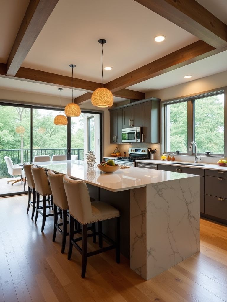 Kitchen island extended into a bar for added seating and functionality.