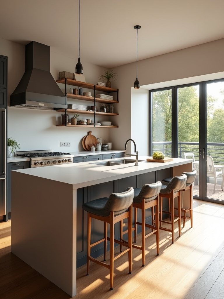 A modern kitchen with a prominent island that offers additional seating with comfortable counter stools.