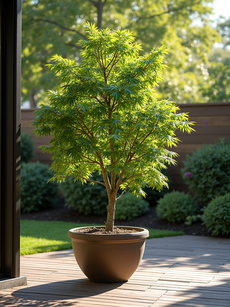 A patio with a mature Japanese maple under dappled sunlight