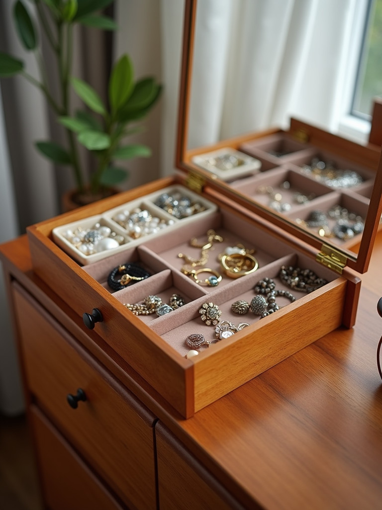 A wooden jewelry organizer box on a wooden dresser, with compartments for different types of jewelry