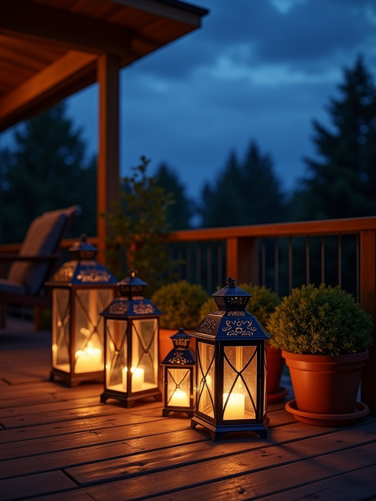 Various decorative lanterns emitting a warm light on a back porch at dusk.