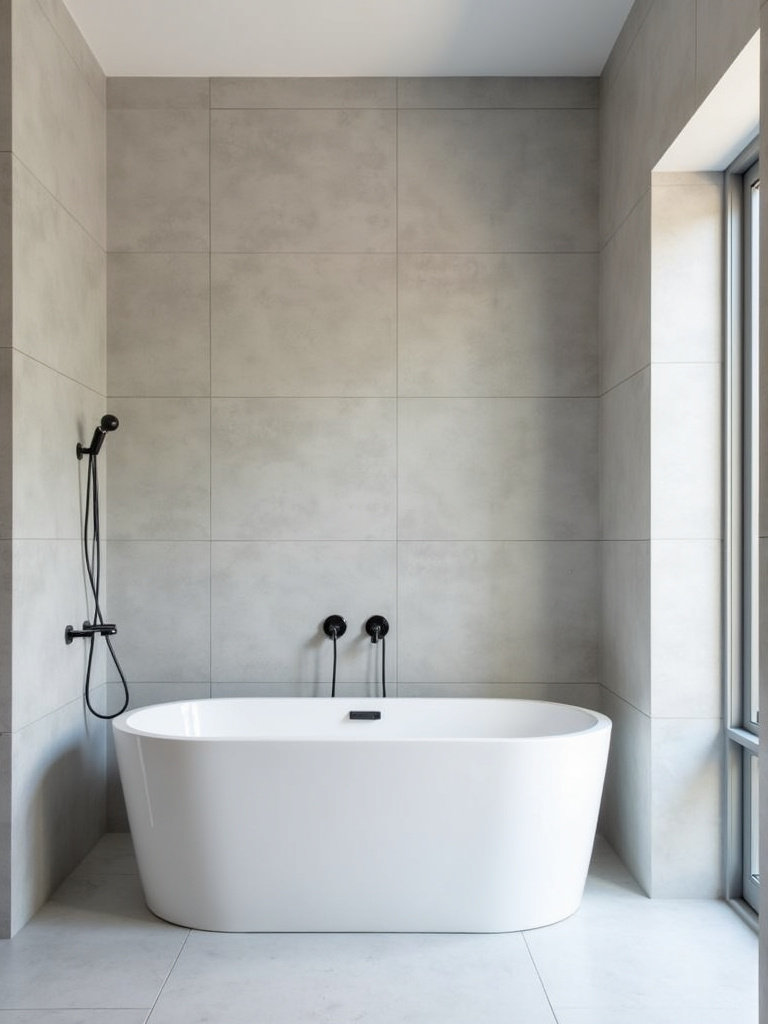 Modern bathroom with light gray large format tiles