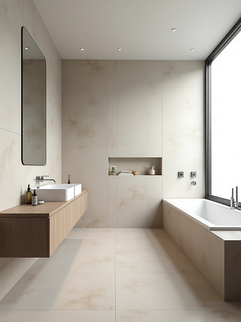 A spacious bathroom with walls and floors covered in neutral large-format tiles.