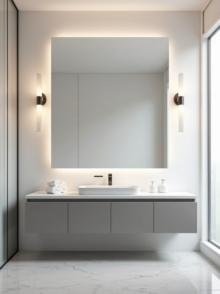 A large frameless mirror in a small modern bathroom, reflecting the space