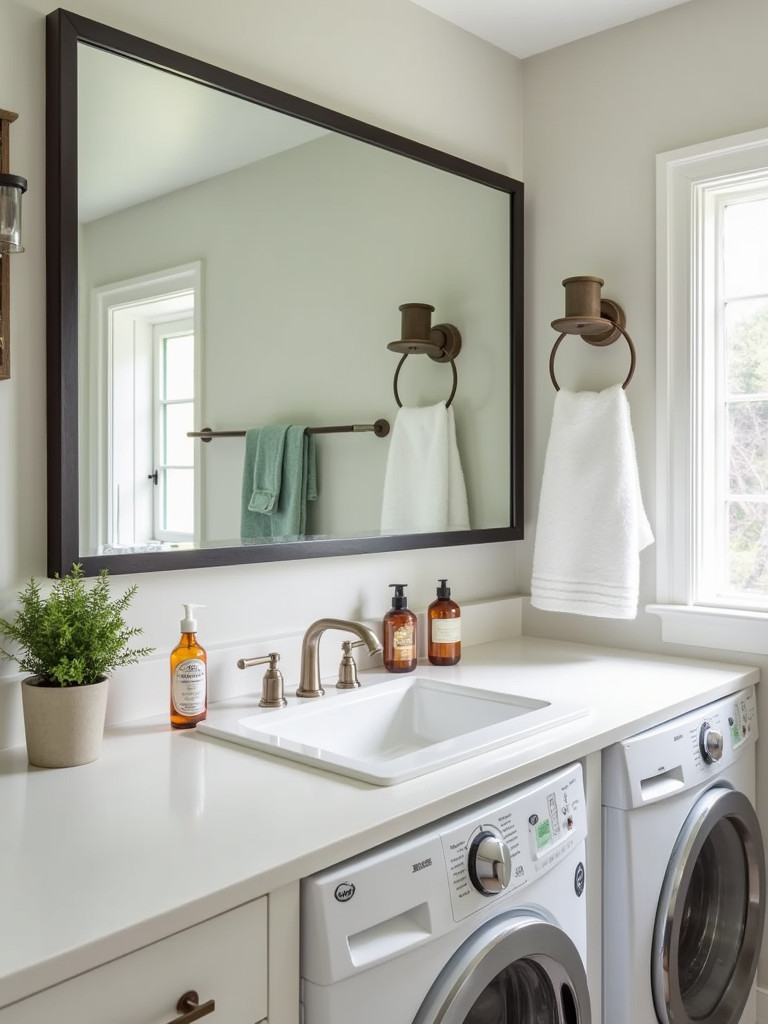 A laundry room mirror reflecting natural light in a clean and modern bathroom setup.