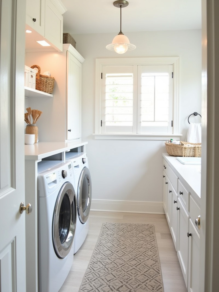 A comfortable and stylish rug placed in a clean and bright laundry bathroom area.