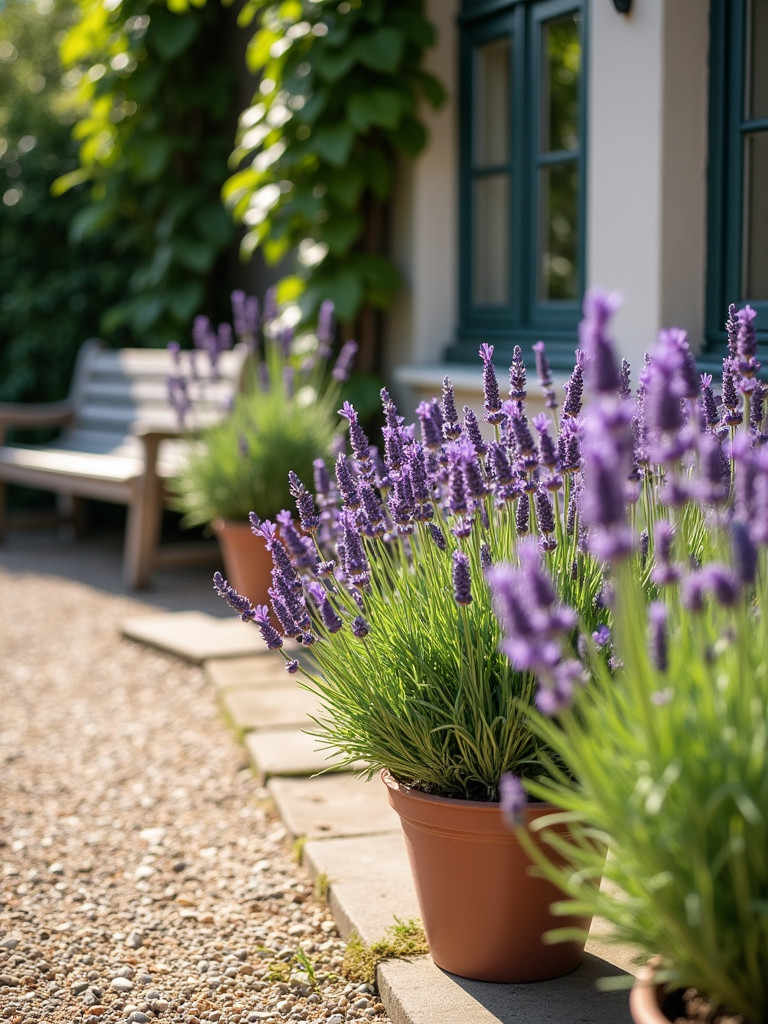 A patio with several pots of lavender in bloom under warm sunlight