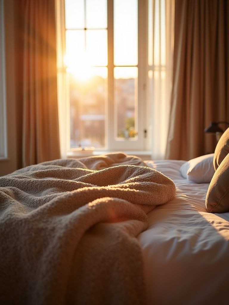 A beautifully made bed with layers of comfortable bedding is illuminated by golden hour sunlight.