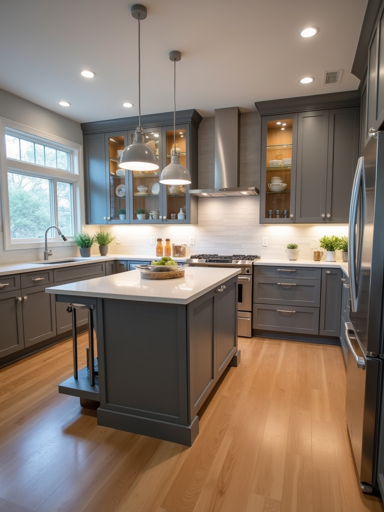 Modern kitchen featuring a comprehensive layered lighting design with multiple sources including pendant, recessed, under-cabinet and display lighting.