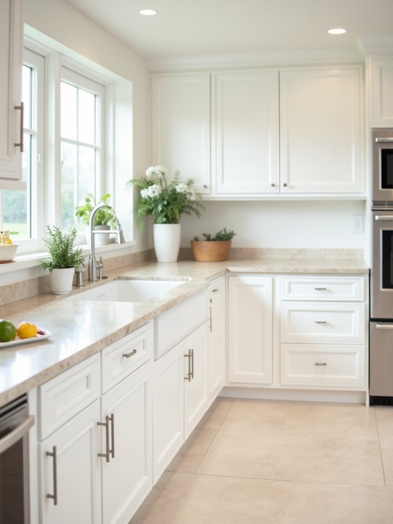 A bright kitchen with white cabinets and light beige travertine countertops.
