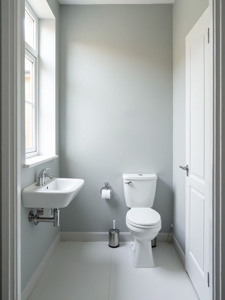 A small bathroom with a light gray color palette, white fixtures, and ample natural light.