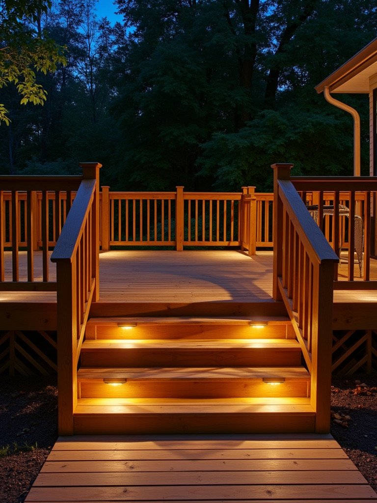 A wooden deck at night, with carefully placed ambient lighting to highlight the deck design and surrounding greenery.