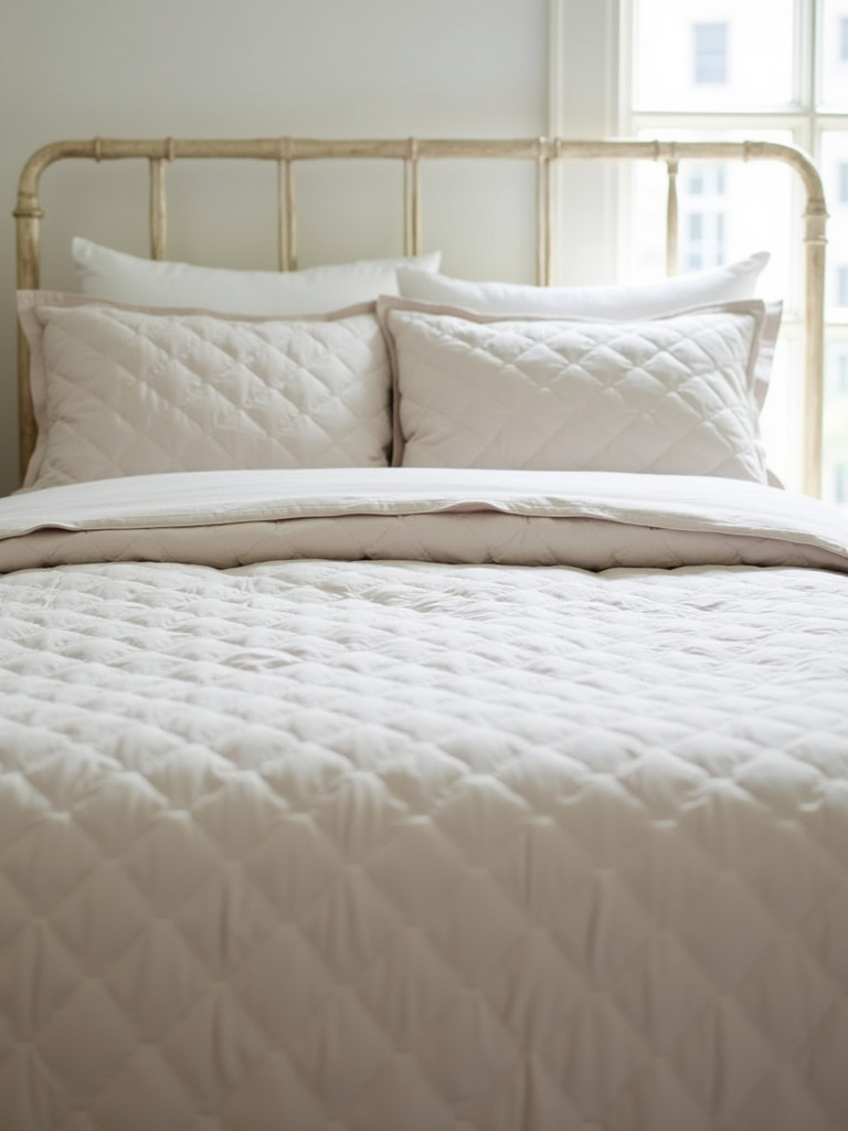 A bed with a lightweight quilt set in a soft, neutral color with a subtle pattern