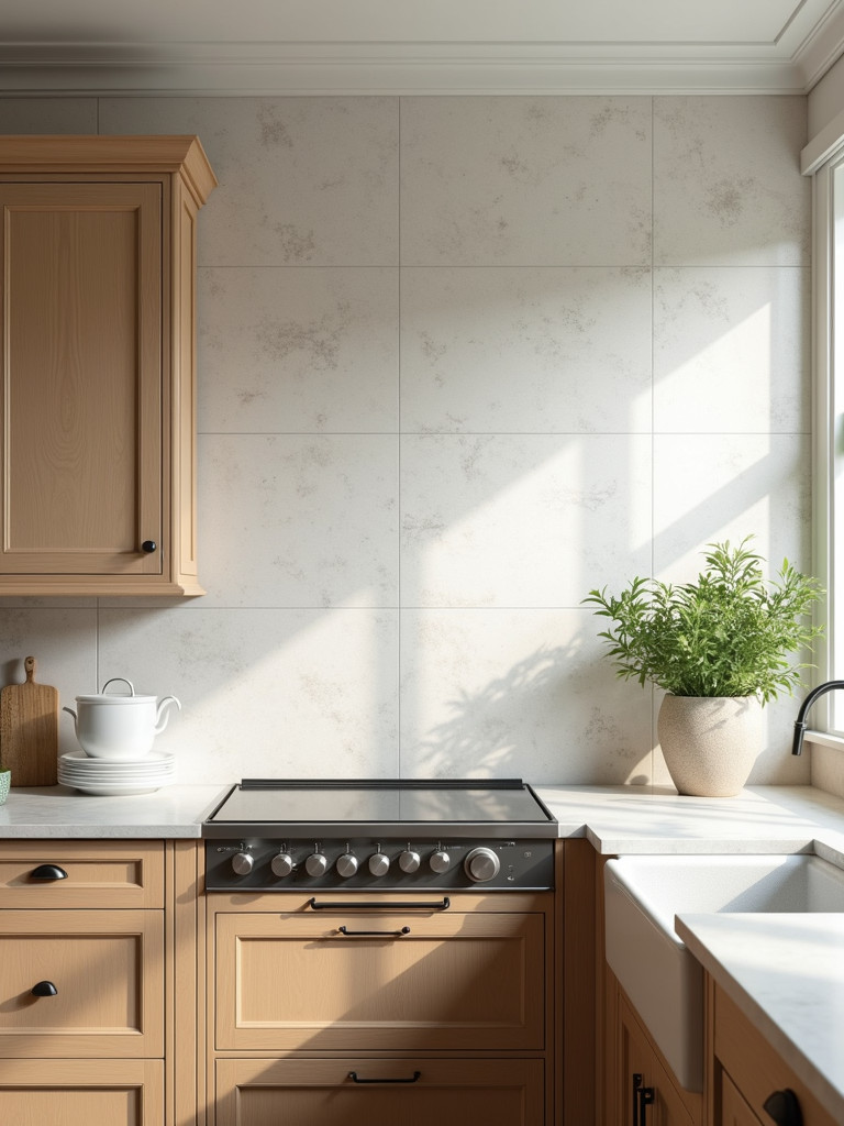A traditional kitchen showcasing a limestone backsplash, light wood cabinets, and a stainless steel sink, creating a timeless and natural feel