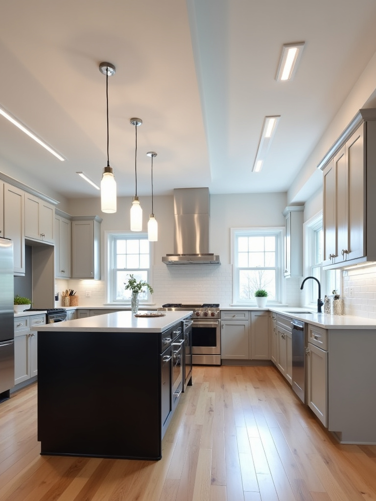 Contemporary kitchen featuring linear LED fixtures mounted flush to the ceiling.