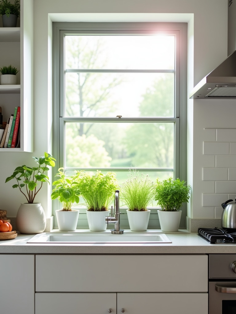 Bright kitchen with herb planters on a window sill.