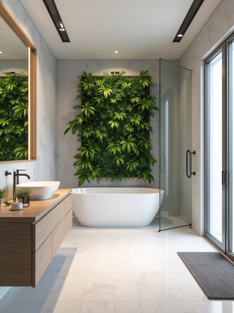 A modern bathroom space showcasing plants for a fresh and natural living wall vibe.