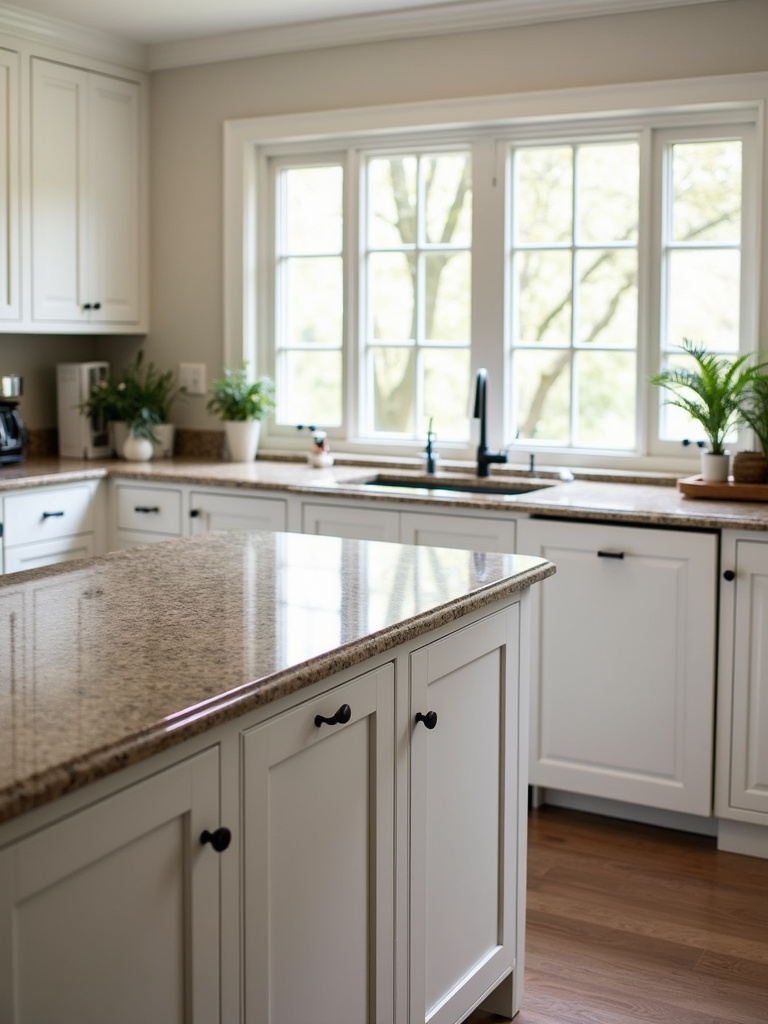 A luxurious kitchen with white cabinets and rich brown quartz countertops.