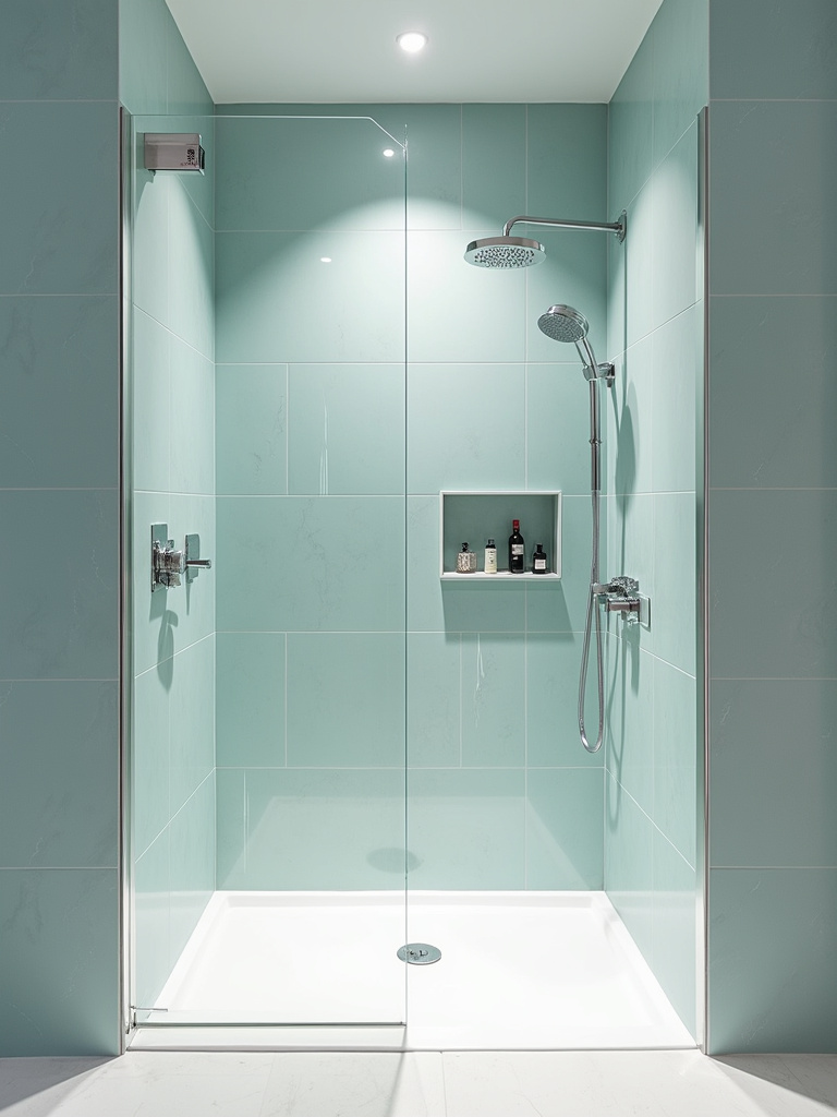 A luxury shower with smart home technology integration.
