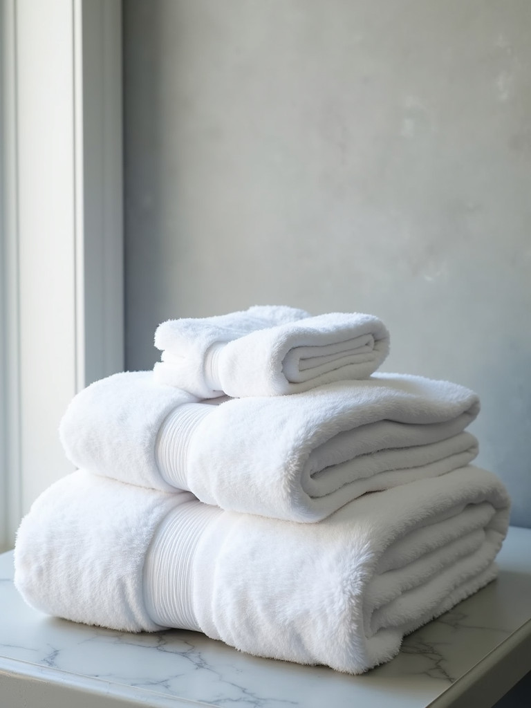 Luxury white towels neatly folded on a shelf in a bathroom