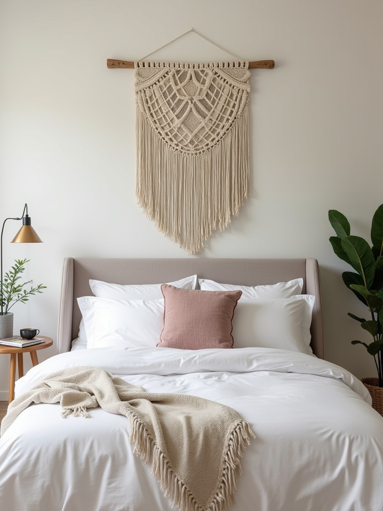 Bedroom with a detailed macrame wall hanging above the headboard