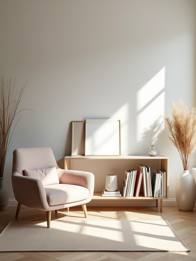 A metal magazine rack on the floor of a minimal living room with curated reading materials