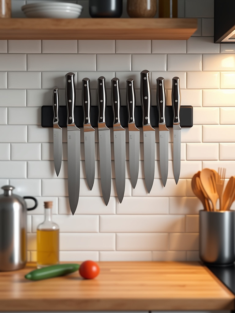 A magnetic knife strip mounted on a kitchen wall holding various kitchen knives securely