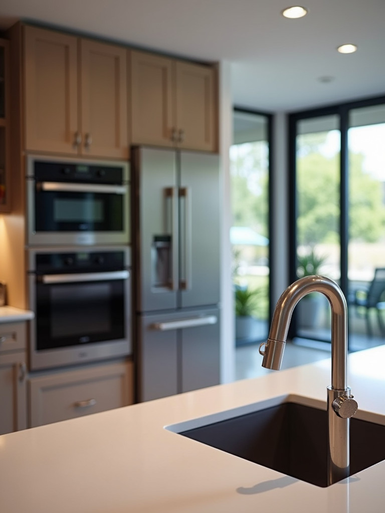 A kitchen with smart technologies and integrated modern appliances