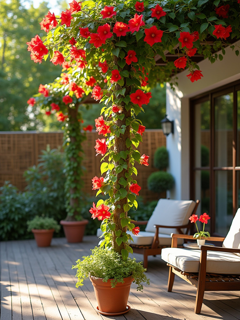 A patio with a mandevilla plant climbing a trellis under bright, natural sunlight