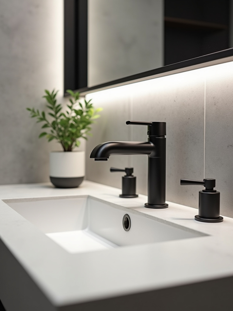 Modern bathroom detail of matte black faucet and hardware on a gray counter