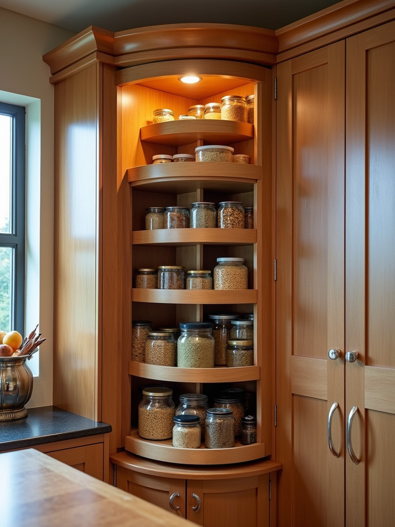 A well-organized kitchen corner cabinet with a multi-tiered lazy susan, maximizing storage space