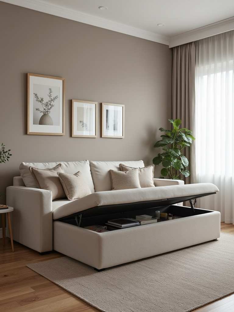A living room featuring multifunctional furniture, including a storage ottoman and sofa with storage