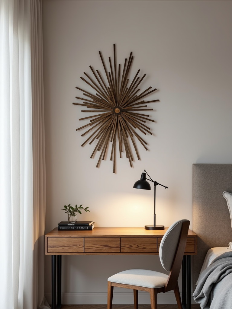 Metal sculpture displayed on the wall above a bedroom desk