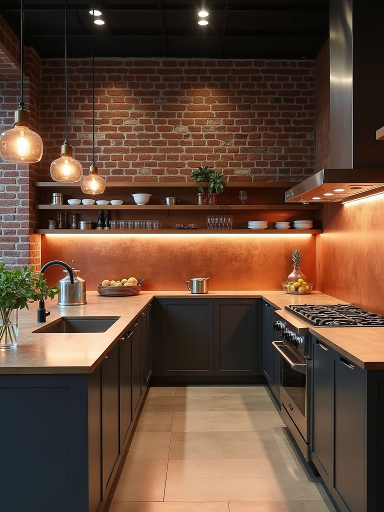 An industrial kitchen featuring a copper sheet backsplash and exposed brick accents