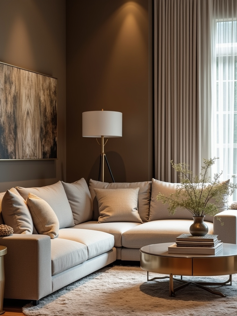 Living room with metallic accents, warm lighting, sophisticated style, slightly elevated camera angle.