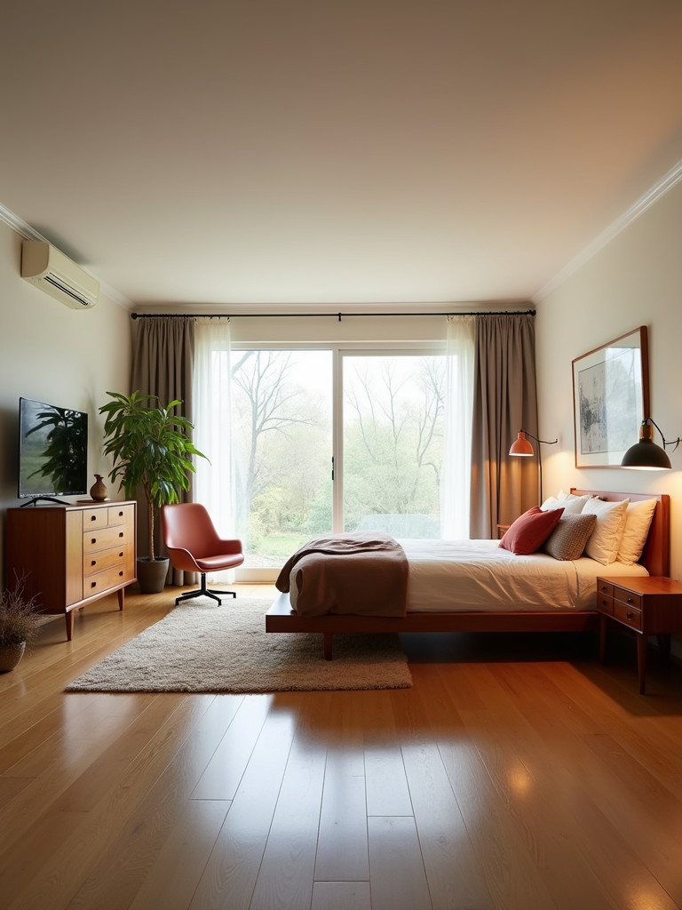 A full mid-century modern bedroom with a low platform bed, a wood dresser, and a classic mid-century chair.