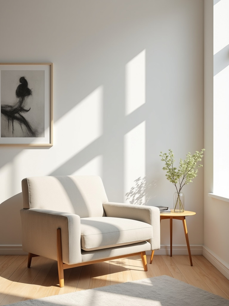 A minimalist armchair placed beside a small table in a minimally decorated living room