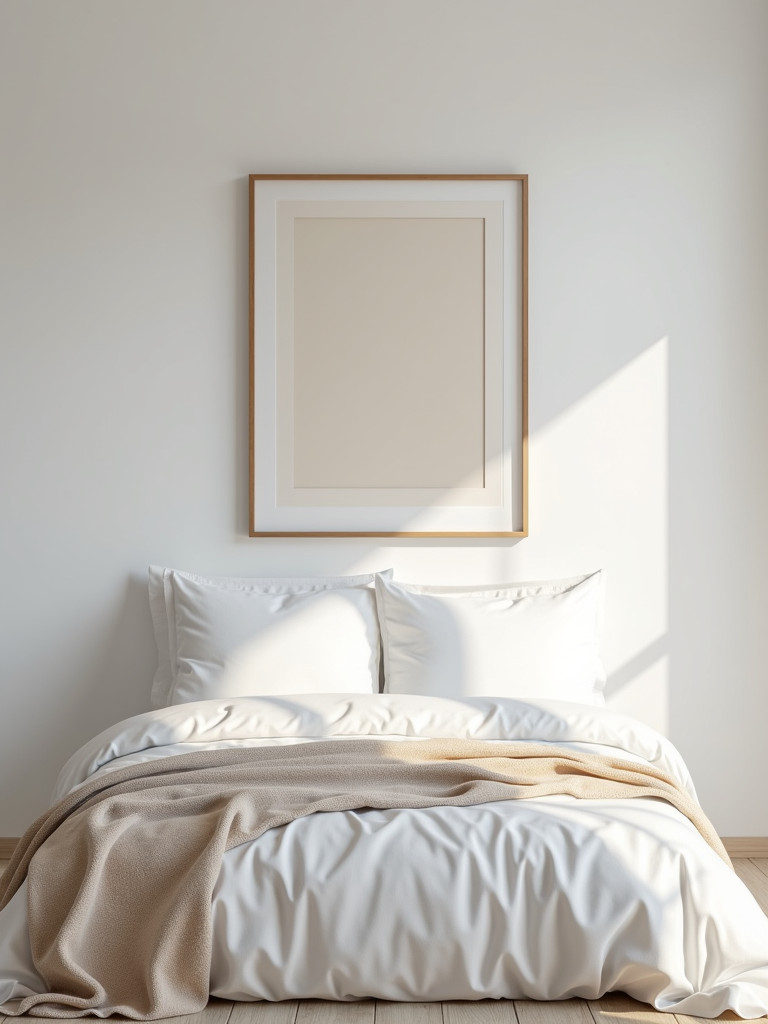 A minimalist bedroom with a piece of framed, simple artwork above the bed, well-lit with even lighting