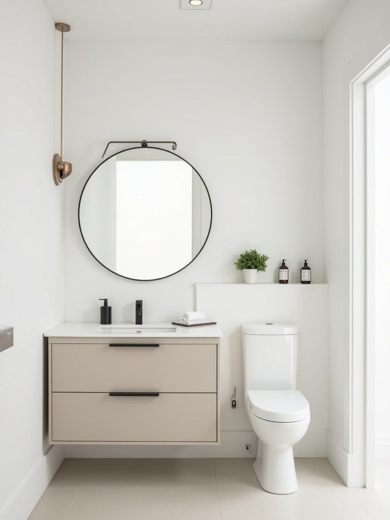 A small, minimalist bathroom featuring a simple vanity, white walls, and soft light with minimal accessories.