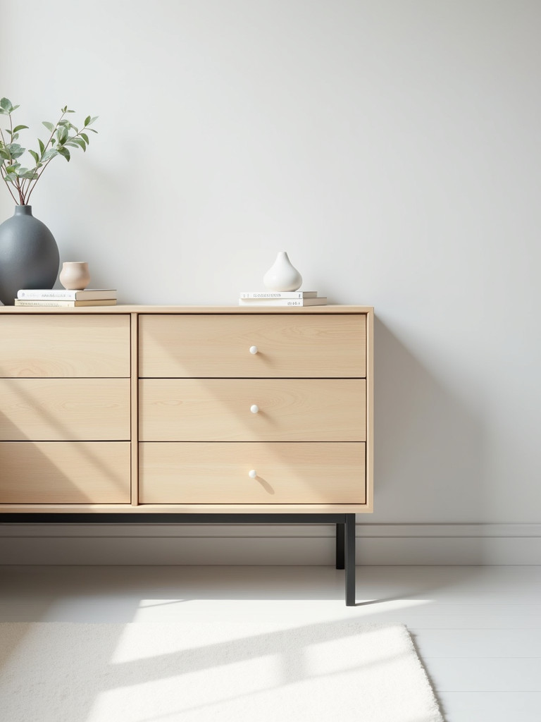 A minimalist dresser with metal accents in a modern bedroom
