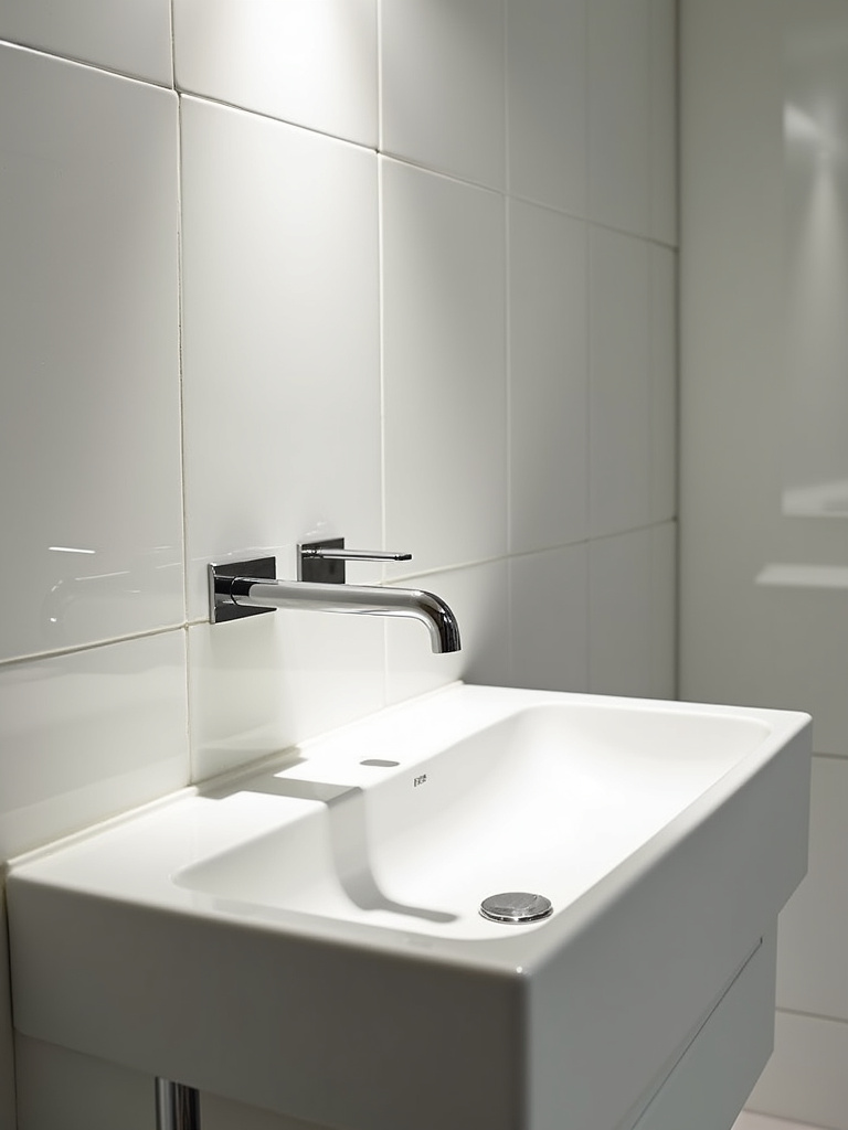 A bathroom vanity featuring a minimalist sink and faucet with a clean look.